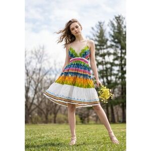 Pink Apple Women Boho Tiered Cotton Sundress Green Blue Smocked Waist Lg Peasant